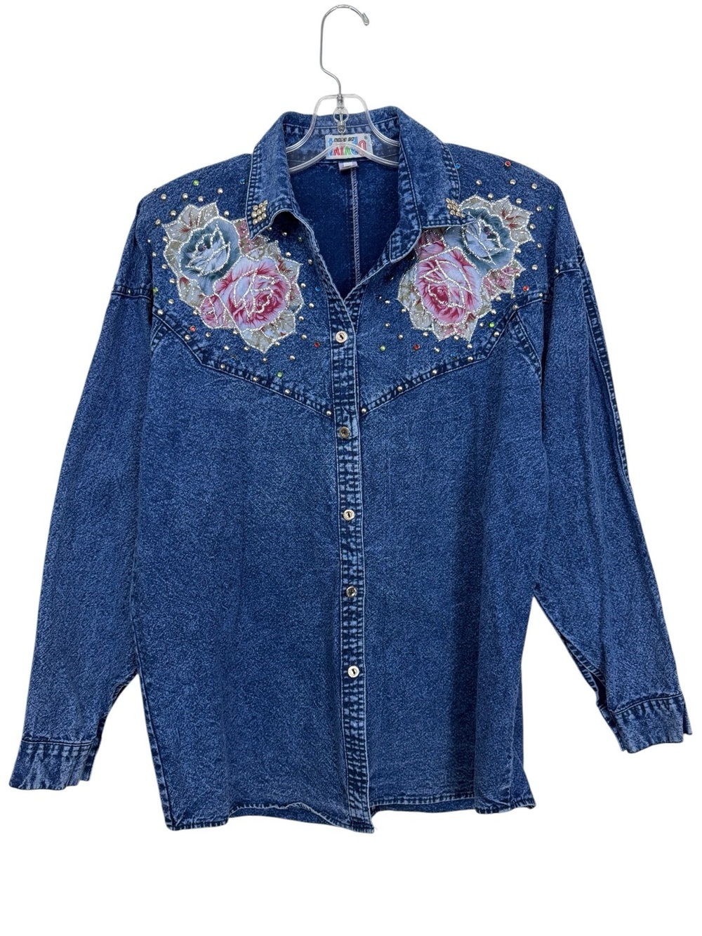 Vintage Western Floral Studded Denim Jean Shirt Women’s Size Medium 80s 90s